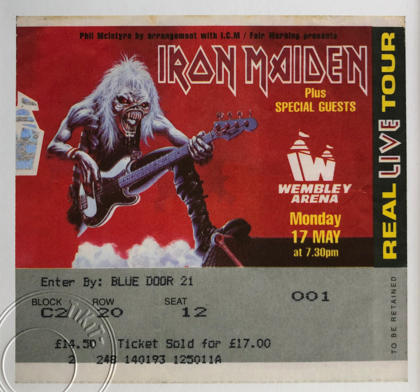 IRON MAIDEN - 1993 Wembley Arena , London framed ticket giclee print