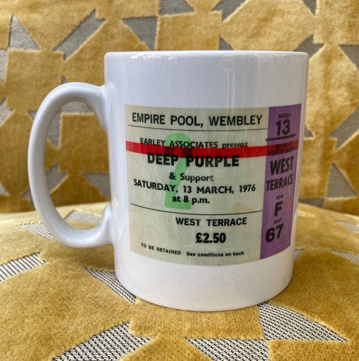 DEEP PURPLE - 11oz ceramic mug featuring the 1976 Empire Pool ,Wembley, London ticket on both sides