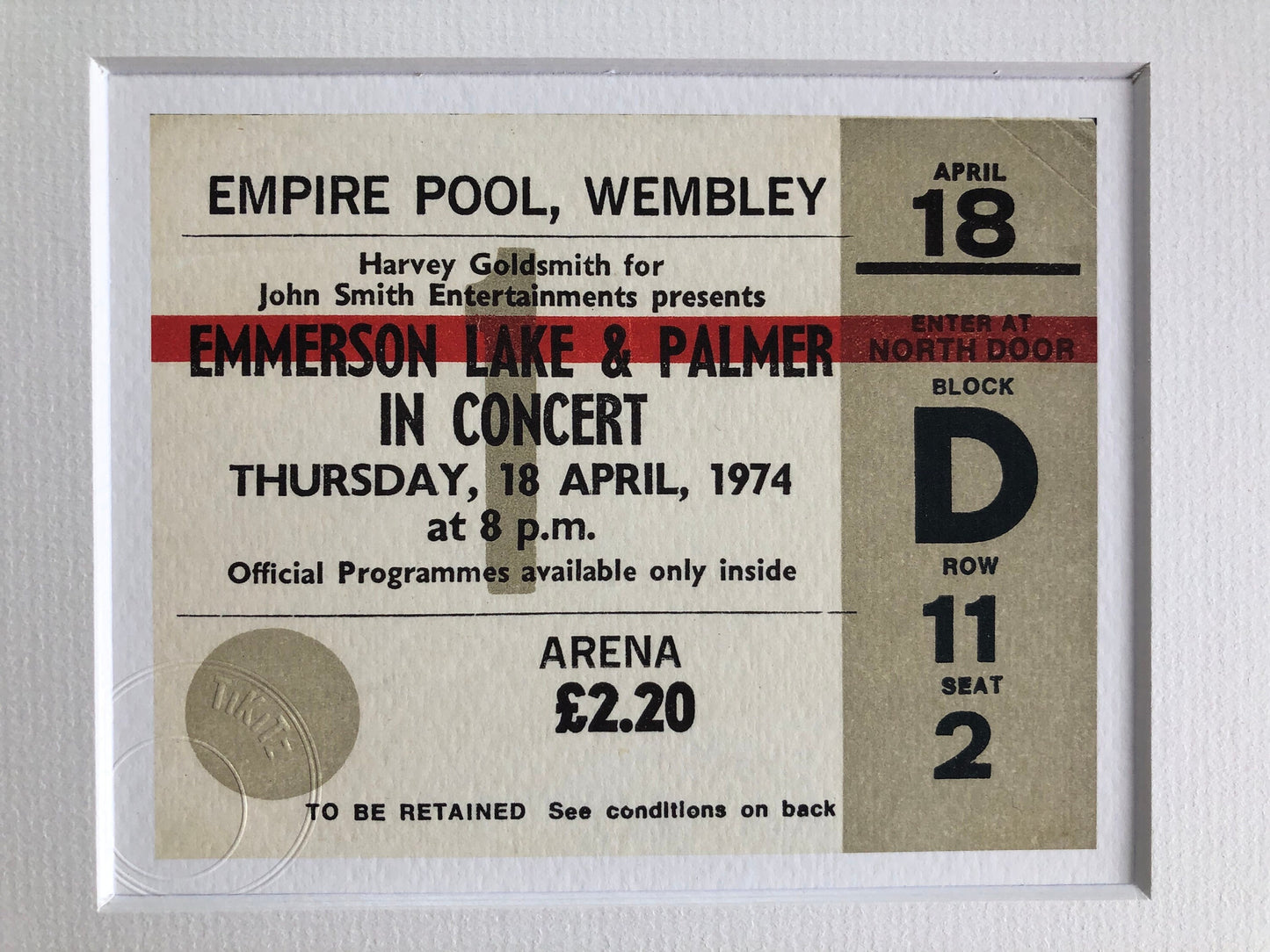 EMMERSON , LAKE and PALMER- 1974 Empire Pool , Wembley London framed ticket giclee print