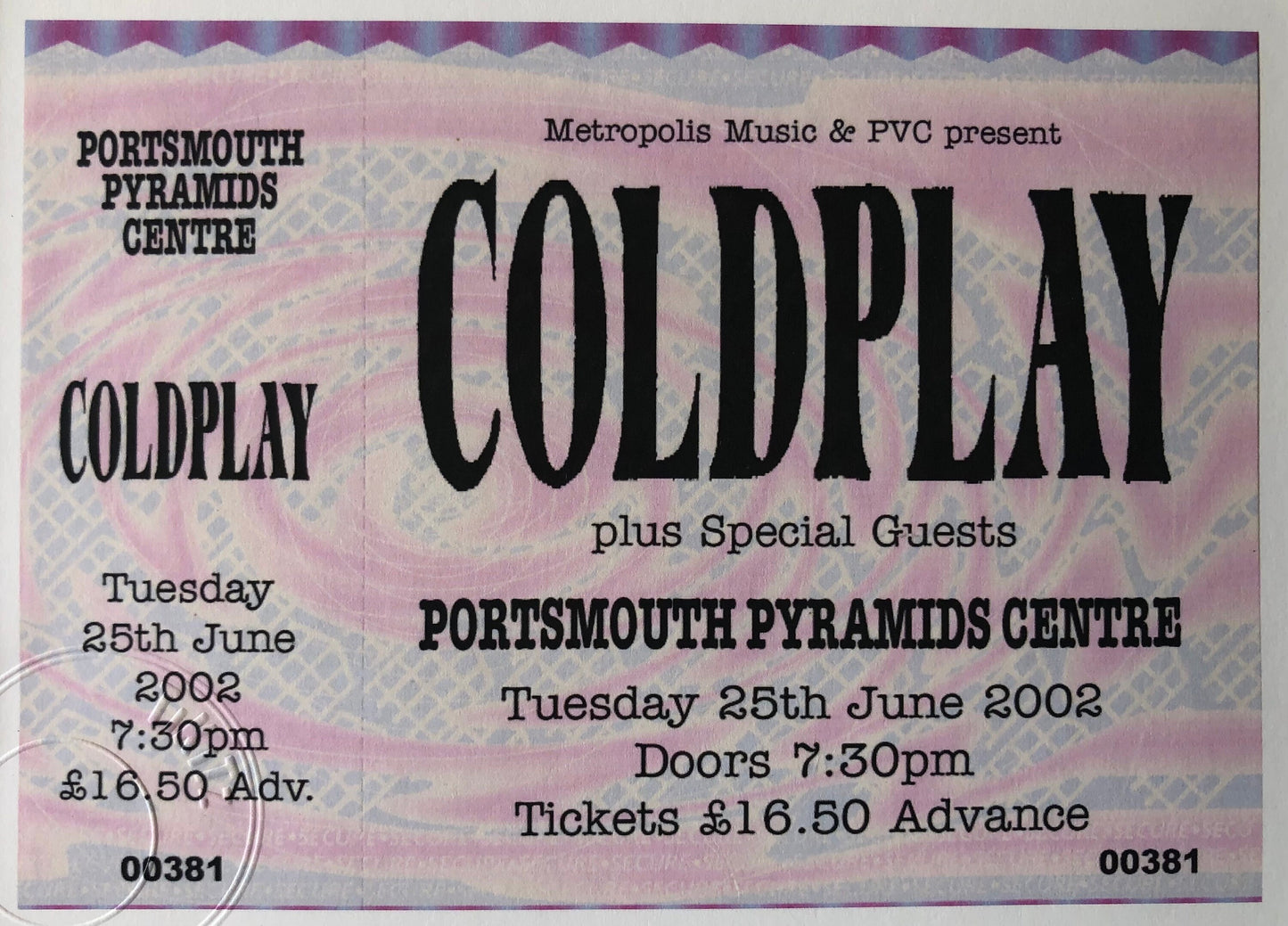 COLDPLAY- 2002 Portsmouth Pyramids Centre framed ticket giclee print