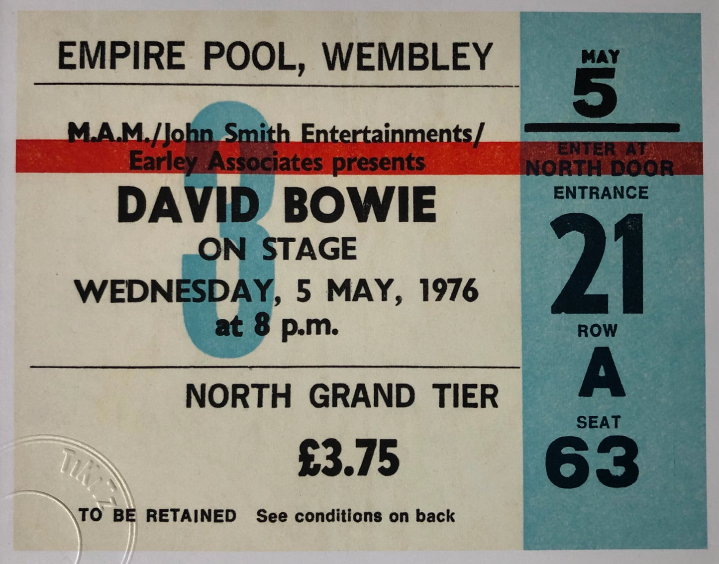 DAVID BOWIE - 1976 Empire Pool , Wembley , London framed ticket giclee print