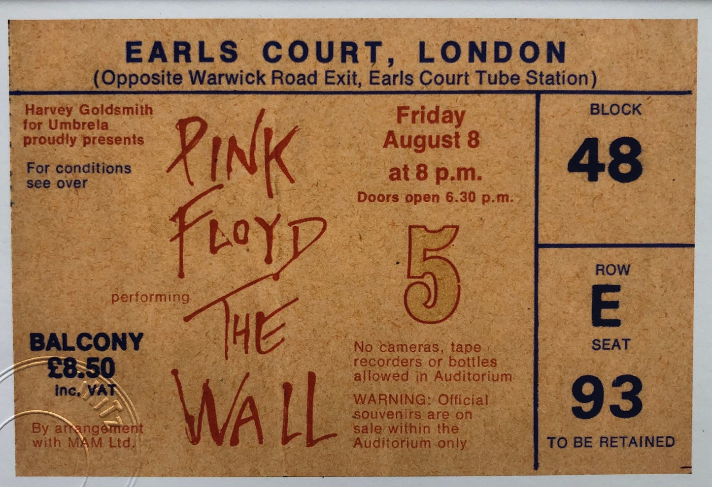 PINK FLOYD - 1980 “ The Wall “ Earls Court , London framed ticket giclee print