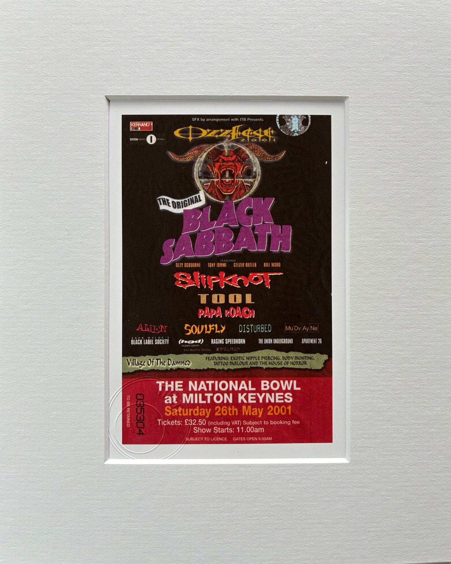 BLACK SABBATH - 2001- “ Ozzfest 2001 ” Milton Keynes framed ticket giclee print