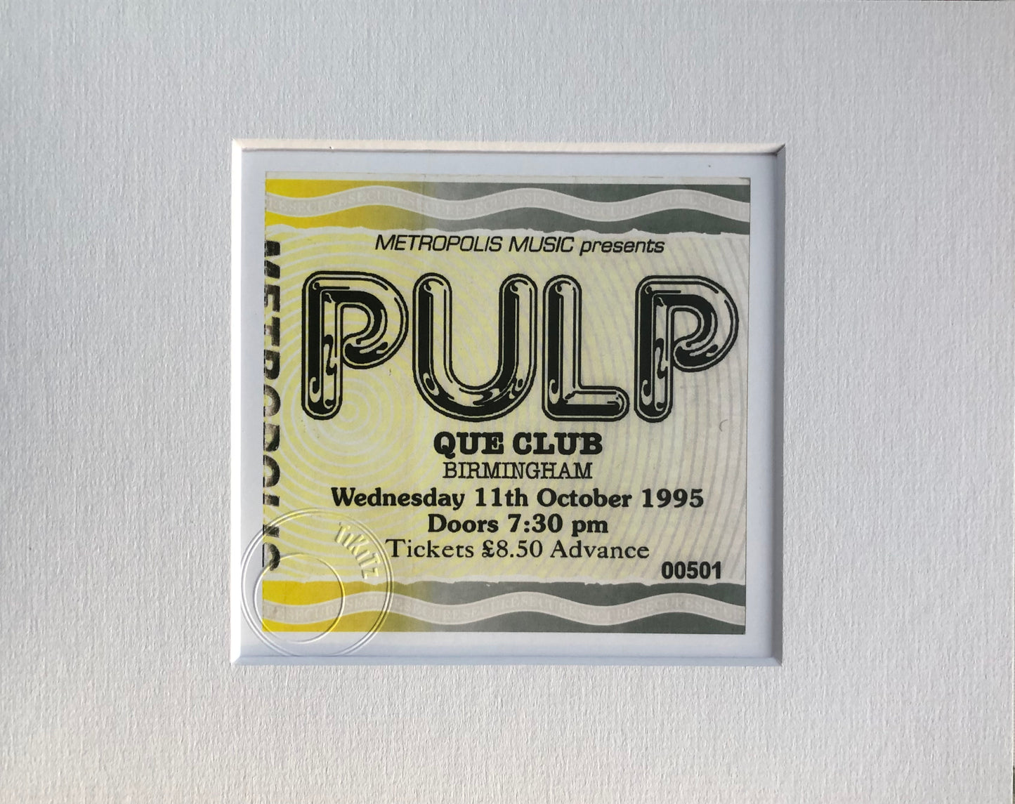 PULP - 1995 Que Club, Birmingham framed ticket giclee print