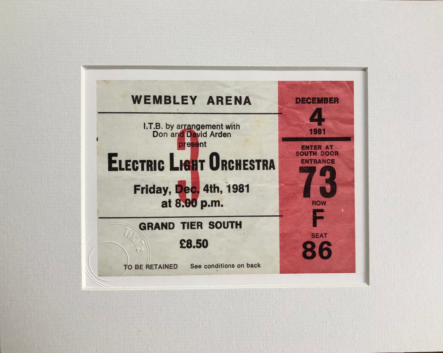 ELECTRIC LIGHT ORCHESTRA - 1981 Wembley Arena , London framed ticket giclee print
