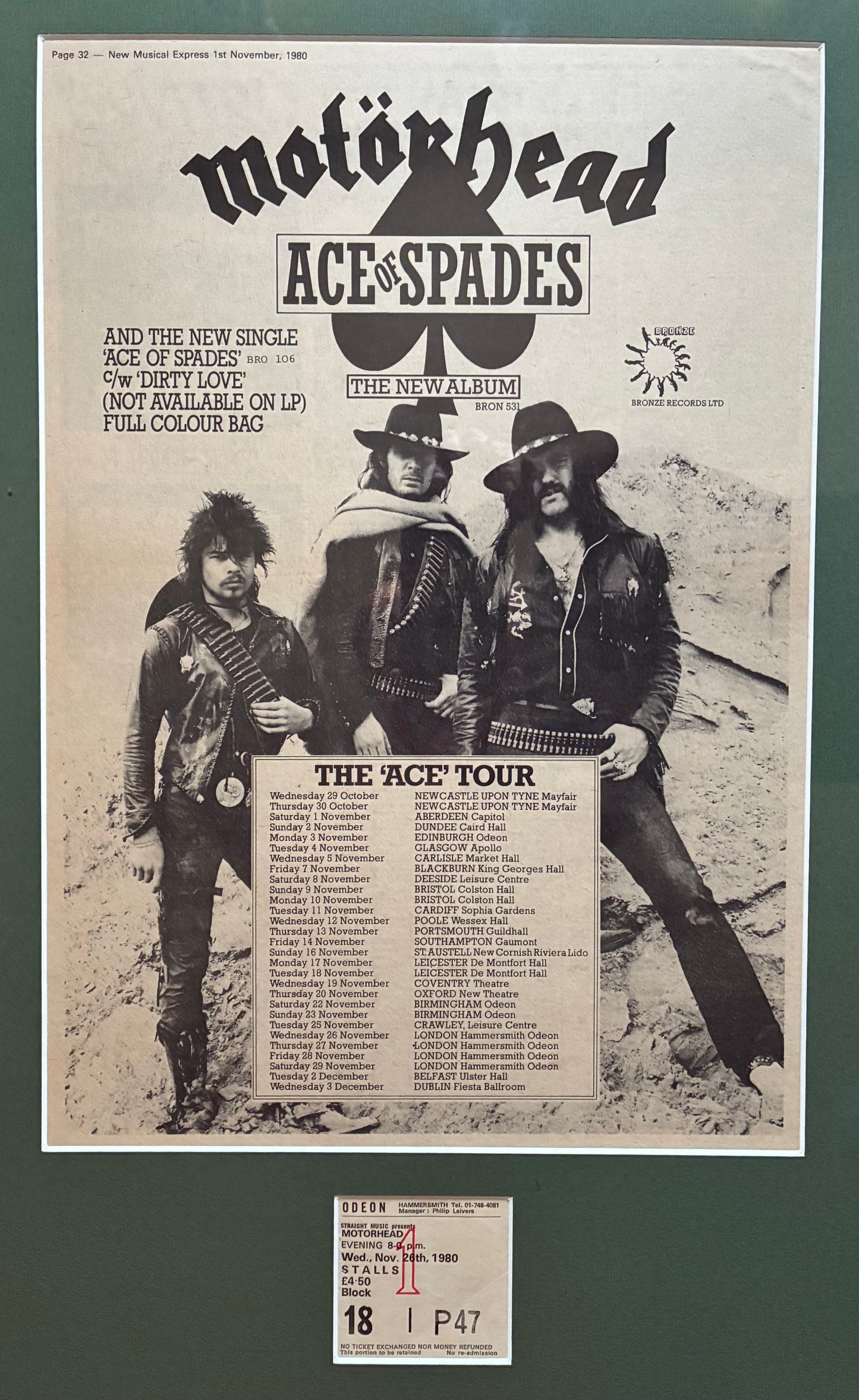MOTORHEAD- 1980 “ Ace of Spades tour “ concert advert and original ticket for the Hammersmith Odeon London concert on 26/11/1980 . Framed