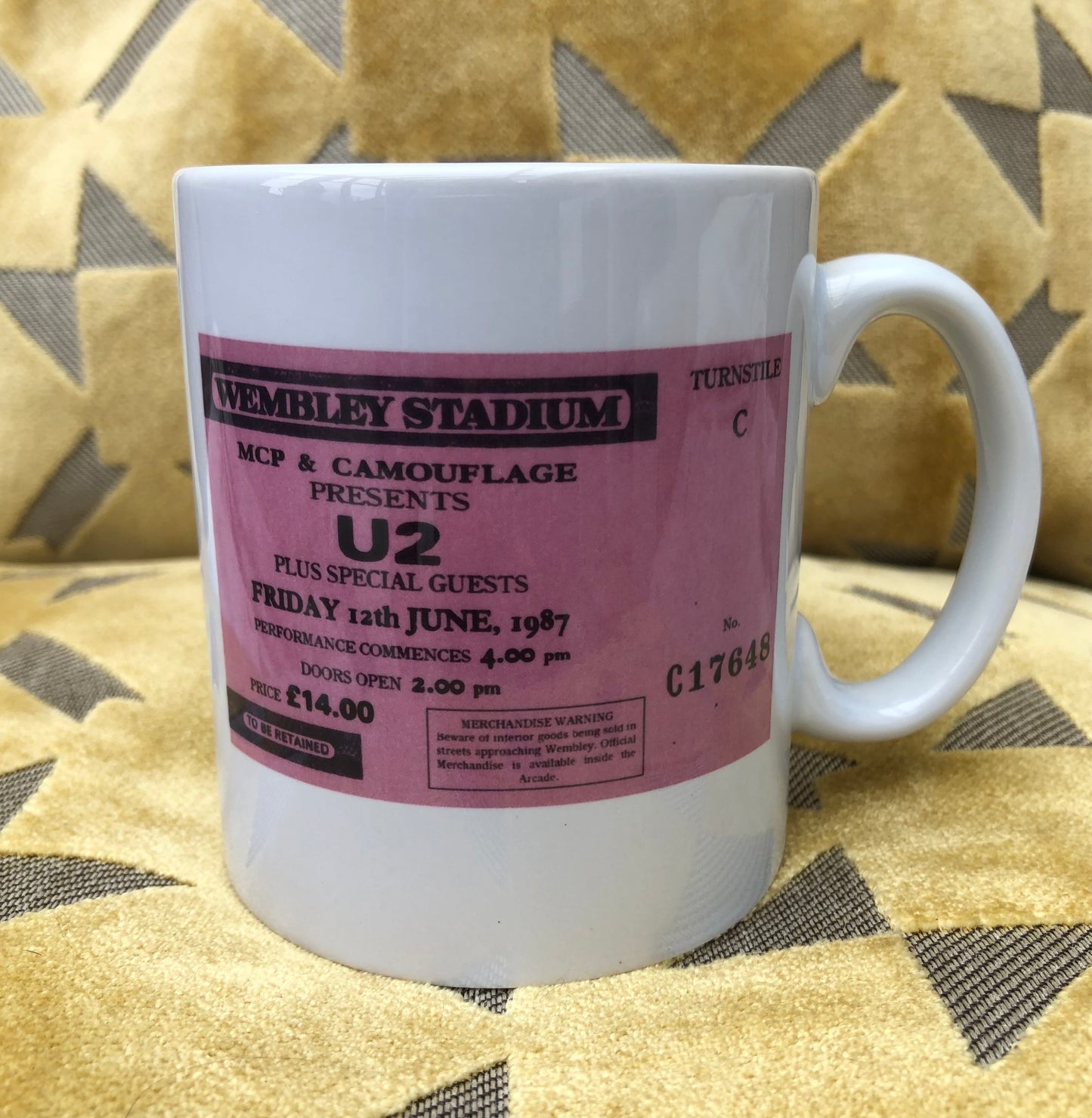 U2 - 11oz ceramic mug featuring the 1987 “ Joshua Tree tour” Wembley Stadium , London ticket on both sides