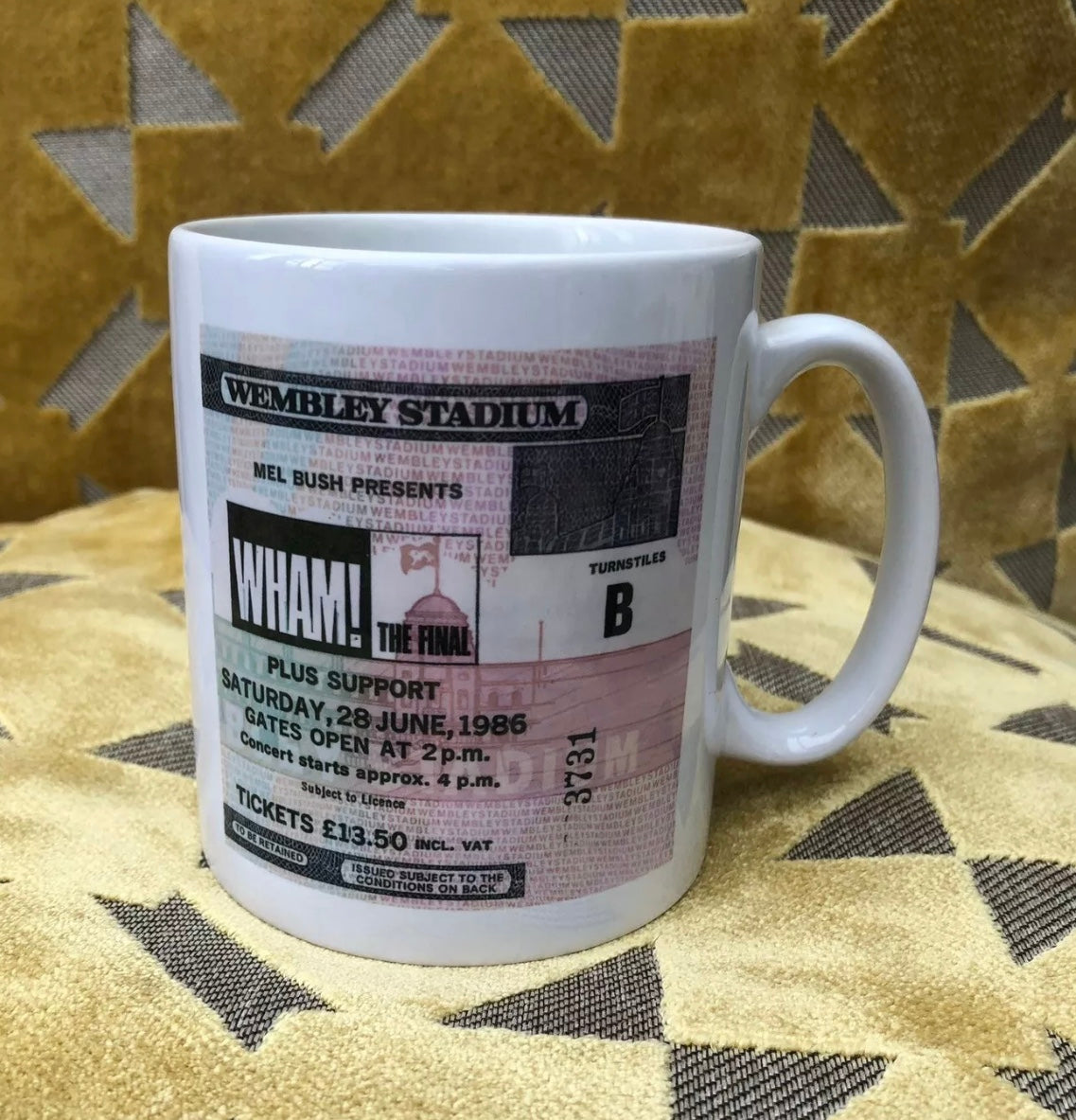 WHAM - 11oz ceramic mug featuring the 1986 Wembley Stadium, London ticket on both sides
