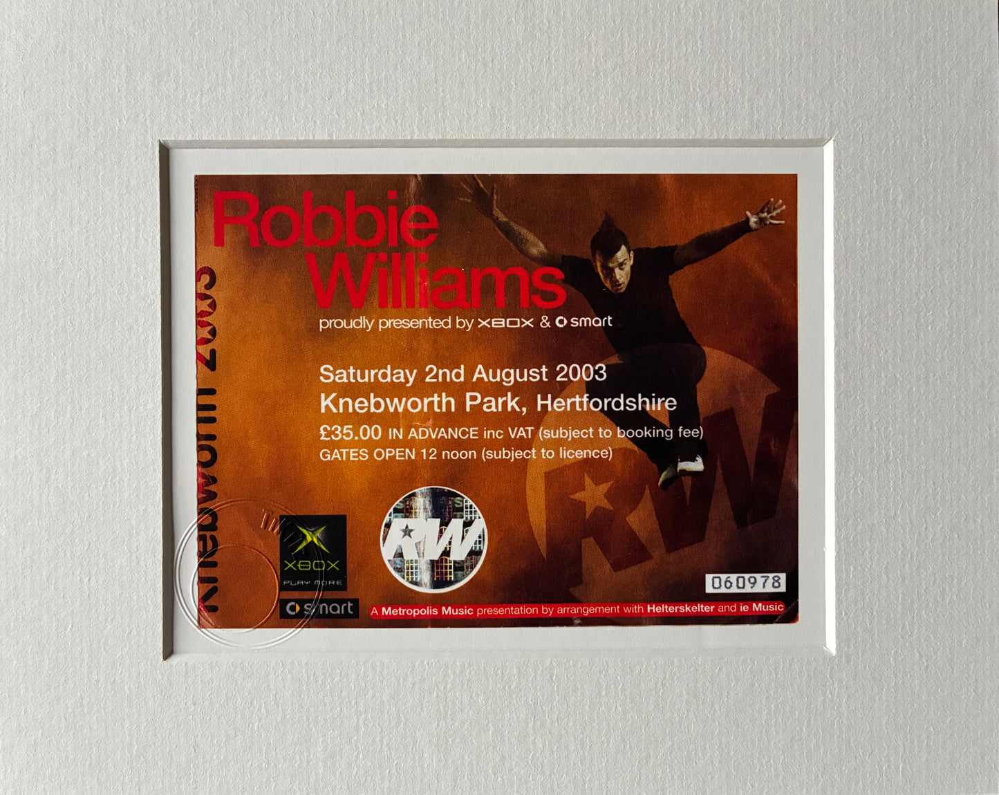 ROBBIE WILLIAMS - 2/7/2003 Knebworth Park framed ticket giclee print