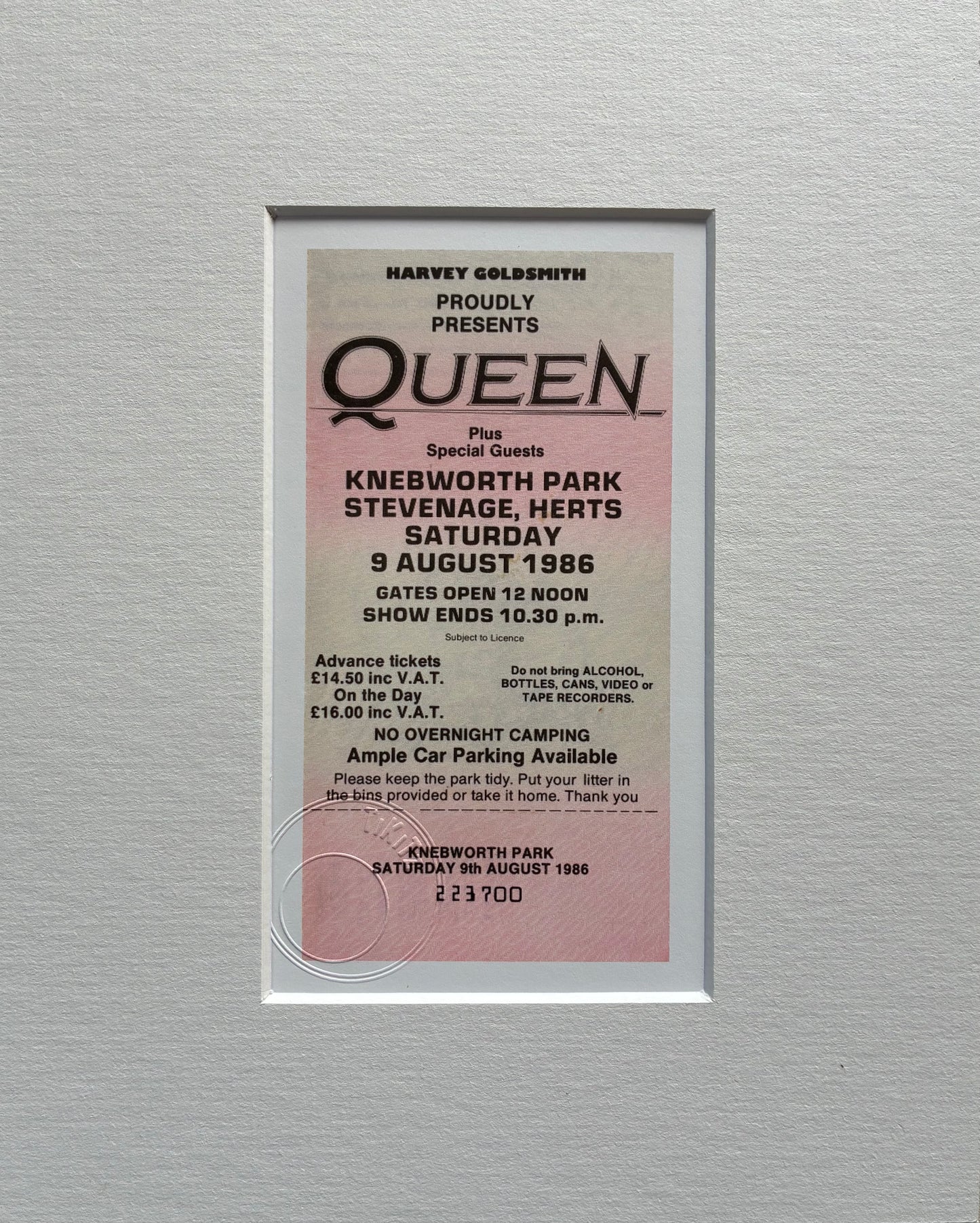 QUEEN - 9/8/1986 Knebworth Park framed ticket giclee print