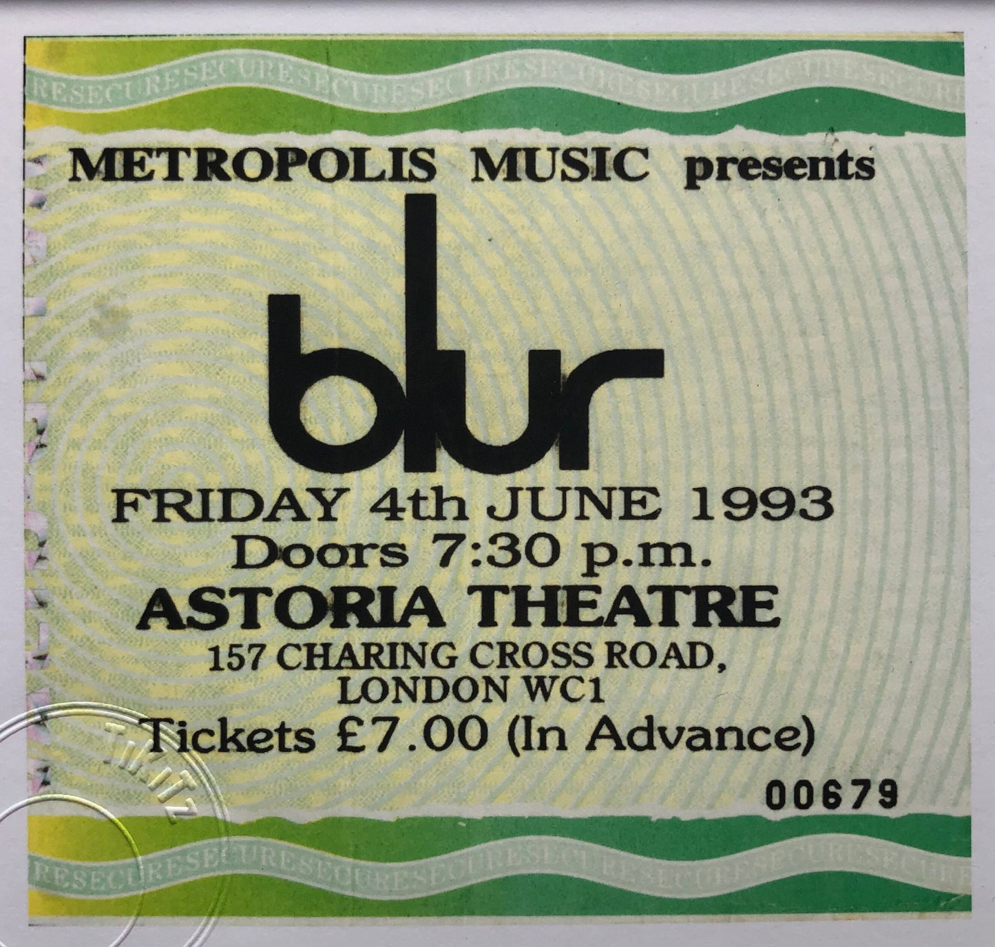 BLUR - 1993 Astoria Theatre, , London framed ticket giclee print