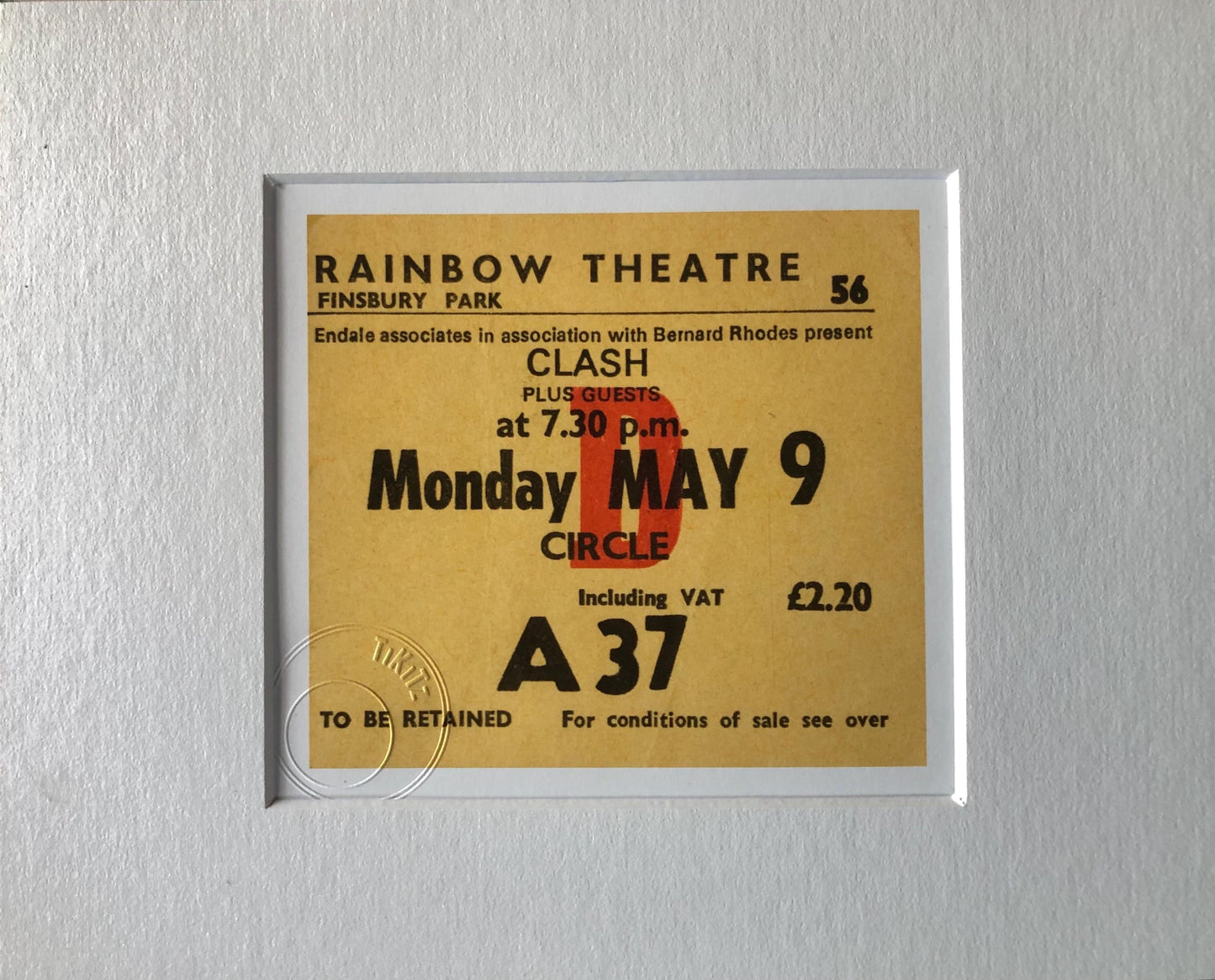 THE CLASH - 1977 Rainbow Theatre, Finsbury Park, London framed ticket giclee print