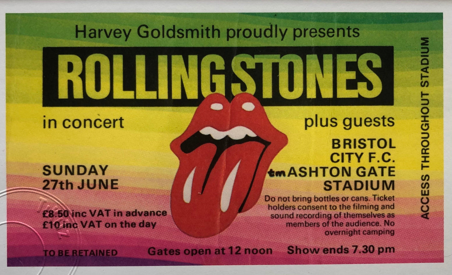 ROLLING STONES - 1982 Ashton Gate Stadium , Bristol framed ticket giclee print
