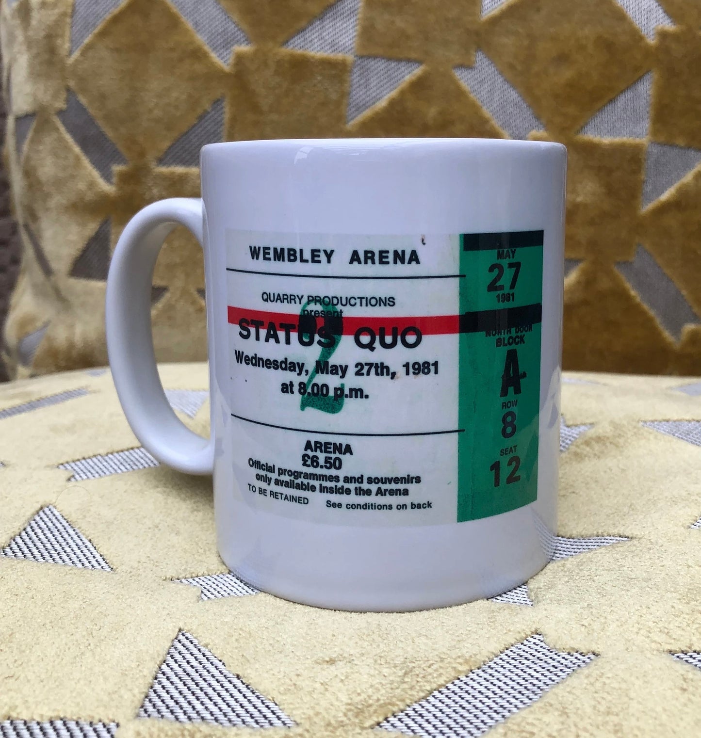 STATUS QUO - 11oz ceramic mug featuring the 1981 Wembley Arena, London ticket on both sides