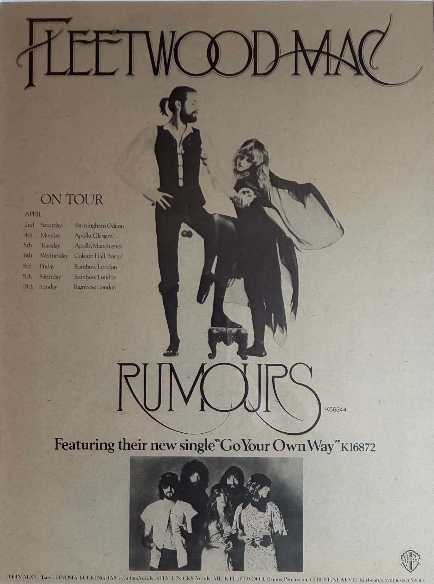 FLEETWOOD MAC- 1977 “ Rumours tour “ concert advert and original ticket for the Rainbow , London concert on 12/5/1973 . Framed