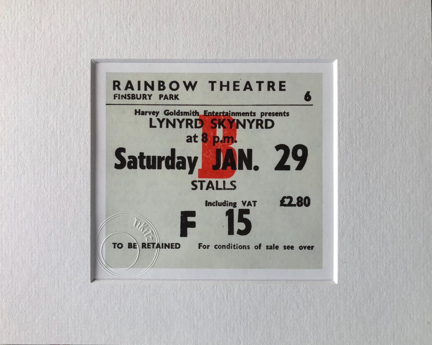 LYNYRD SKYNYRD - 1977 Rainbow Theatre, Finsbury Park, London framed ticket giclee print