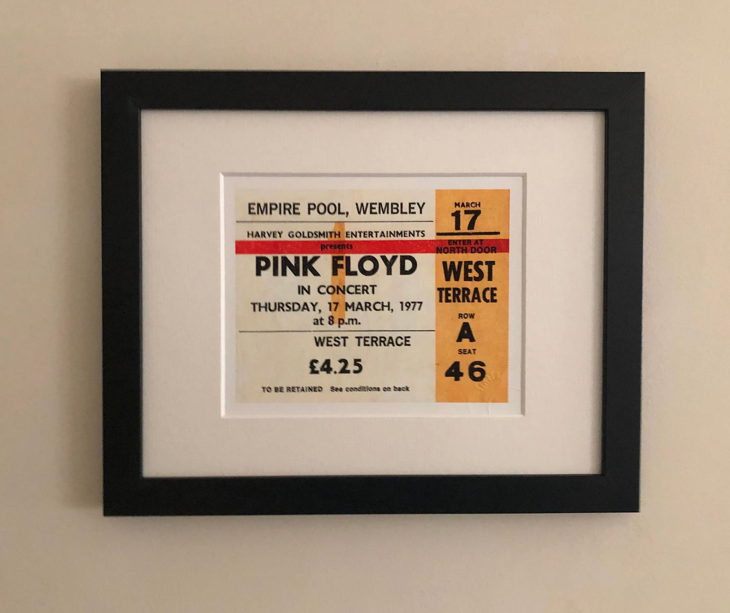 PINK FLOYD - 1977 Empire Pool , Wembley , London framed ticket giclee print