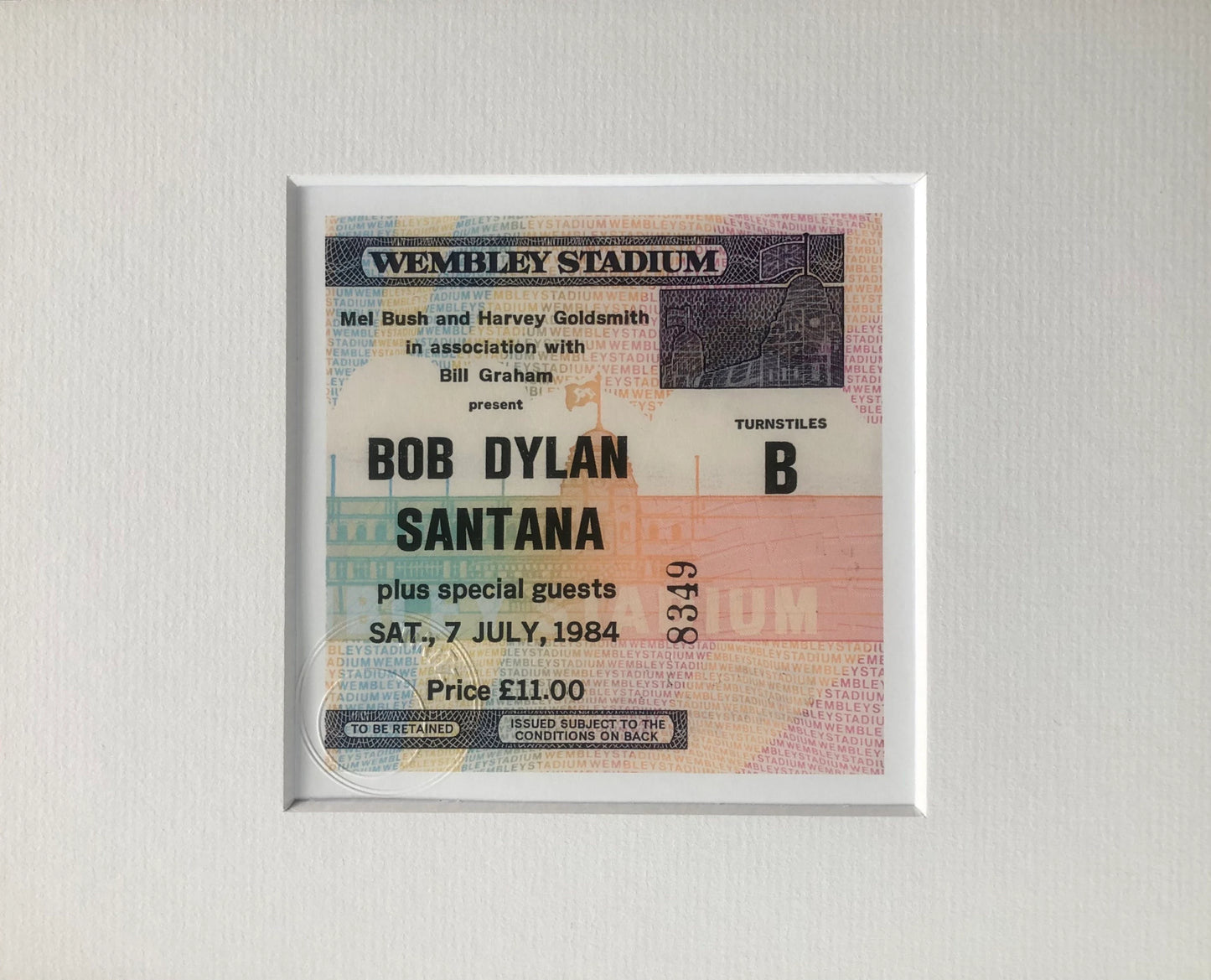 BOB DYLAN / SANTANA - 1984 Wembley Stadium , London framed ticket giclee print