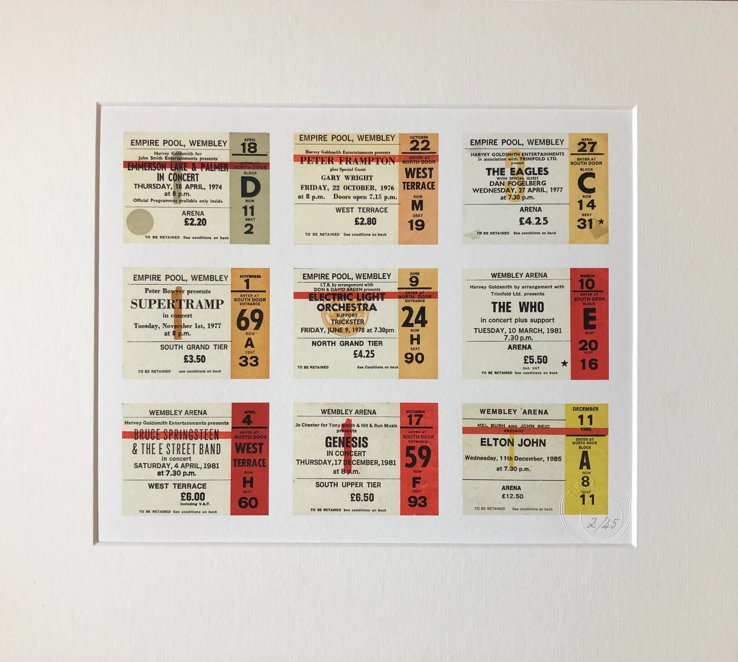 MUSIC ICONS WEMBLEY TICKETS 1 - A framed limited edition ticket giclee print. Featuring 9 different Artist / Band tickets .Edition size 45