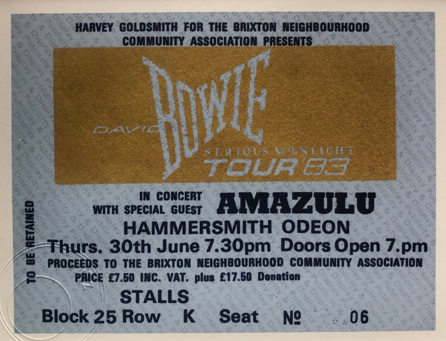 DAVID BOWIE - 1983 “ Serious Moonlight tour” , Hammersmith Odeon, London framed ticket giclee print