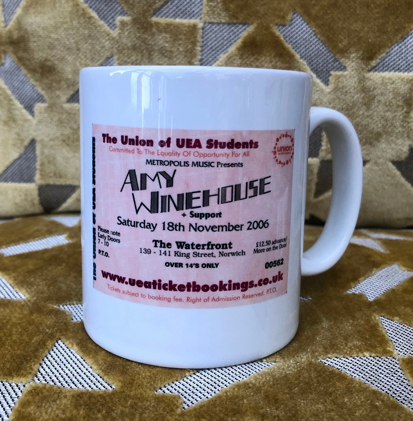 AMY WINEHOUSE - 11oz ceramic mug featuring the 2006 UEA, Norwich ticket on both sides