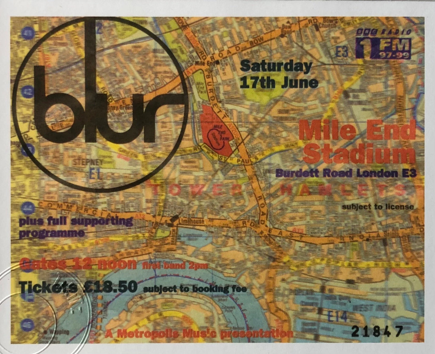 BLUR- 1995 Mile End Stadium, London framed ticket giclee print