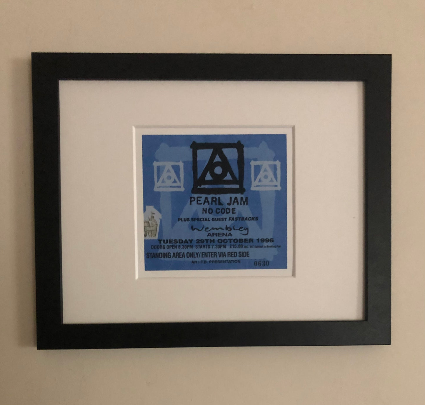 PEARL JAM - 1996 “ No Code tour “ , Wembley arena , London framed ticket giclee print