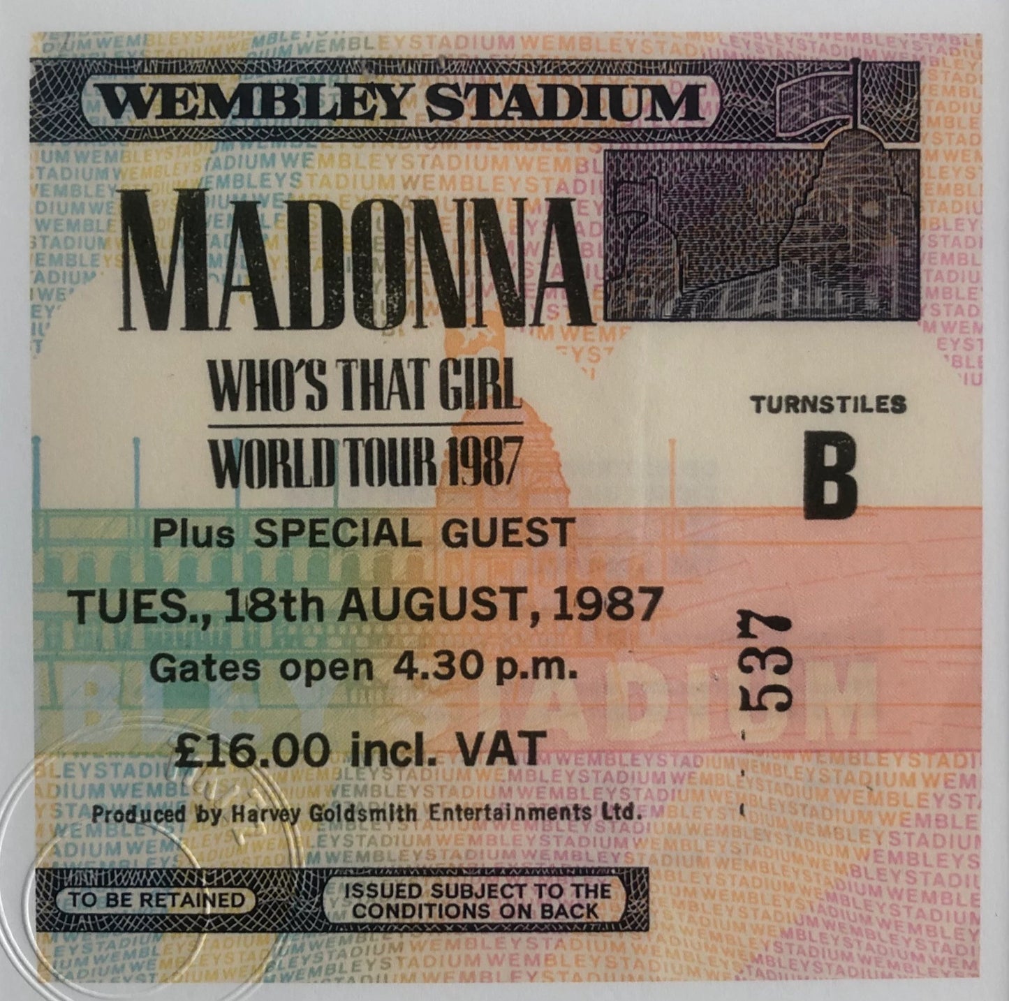 MADONNA - 1987 “Wembley Stadium , London framed ticket giclee print