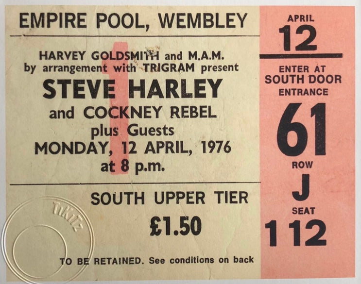 STEVE HARLEY and COCKNEY REBEL - 1976 Empire Pool, Wembley , London framed ticket giclee print