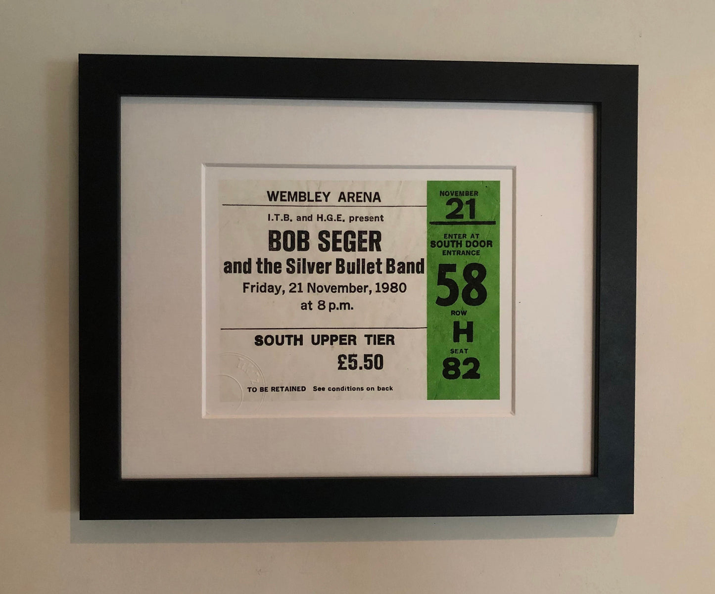 BOB SEGER and the SILVER BULLET BAND- 1980 Wembley Arena , London framed ticket giclee print