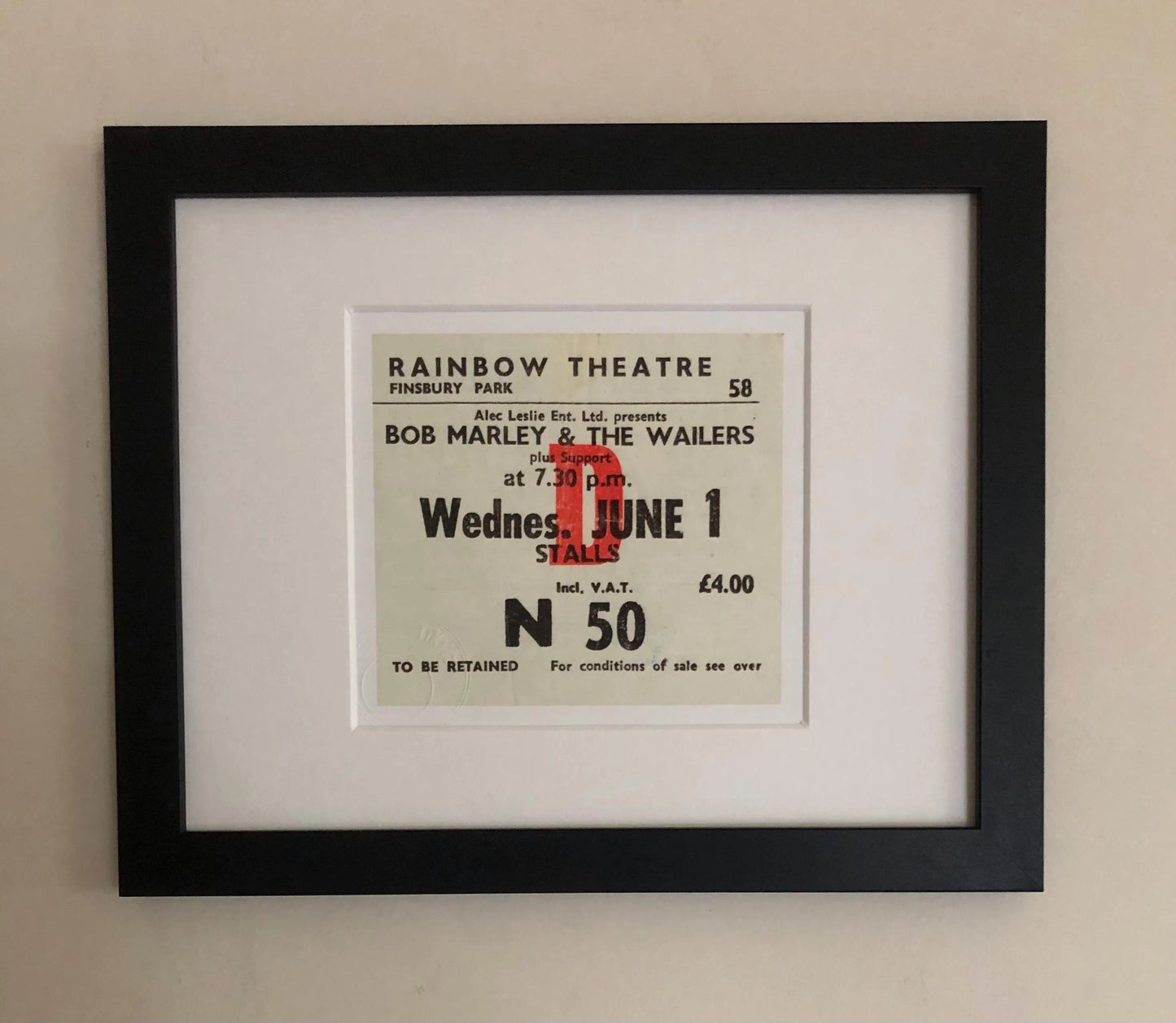 BOB MARLEY and the WAILERS - 1977 Rainbow Theatre, Finsbury Park, London framed ticket giclee print