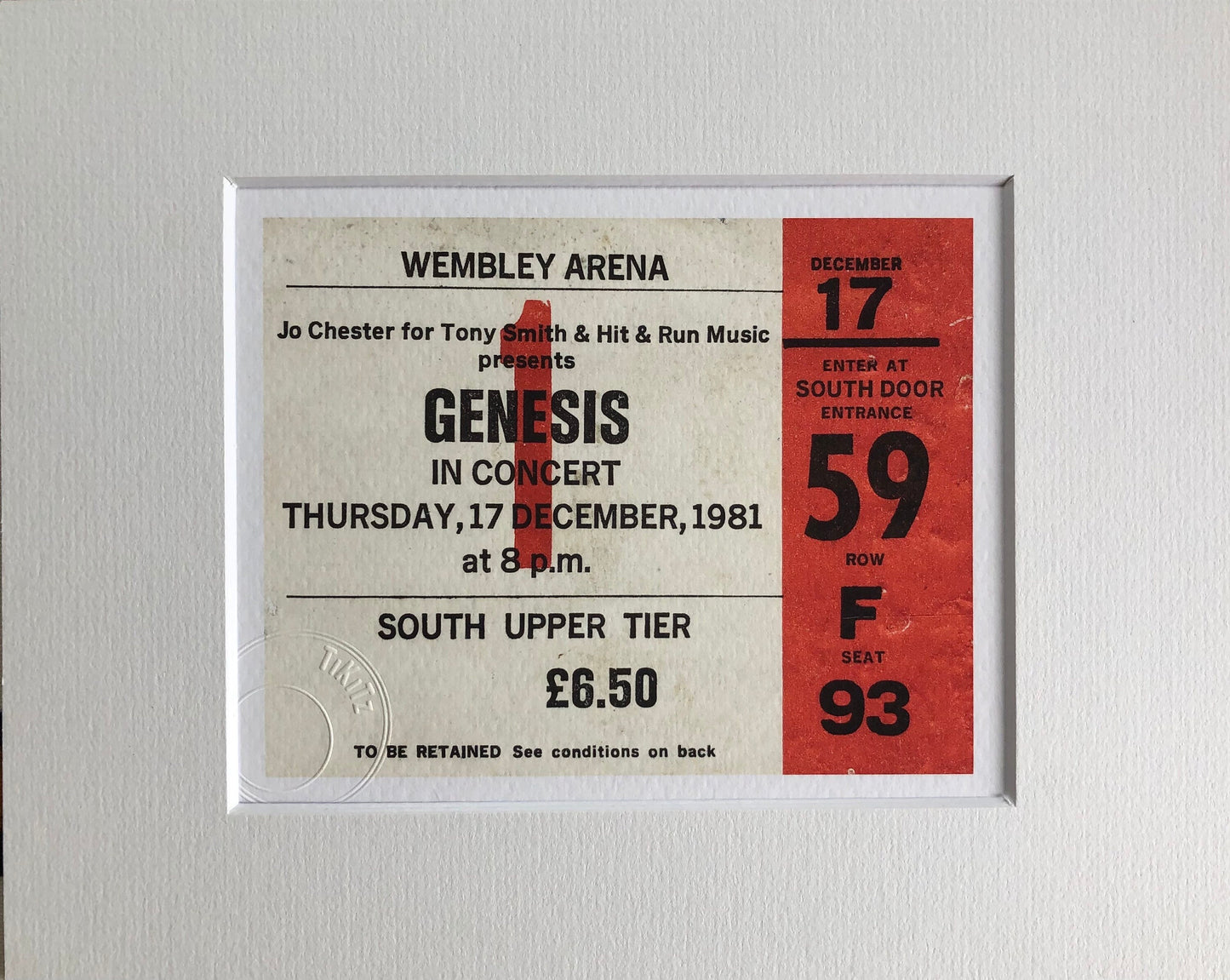 GENESIS- 1981 Wembley Arena , London framed ticket giclee print