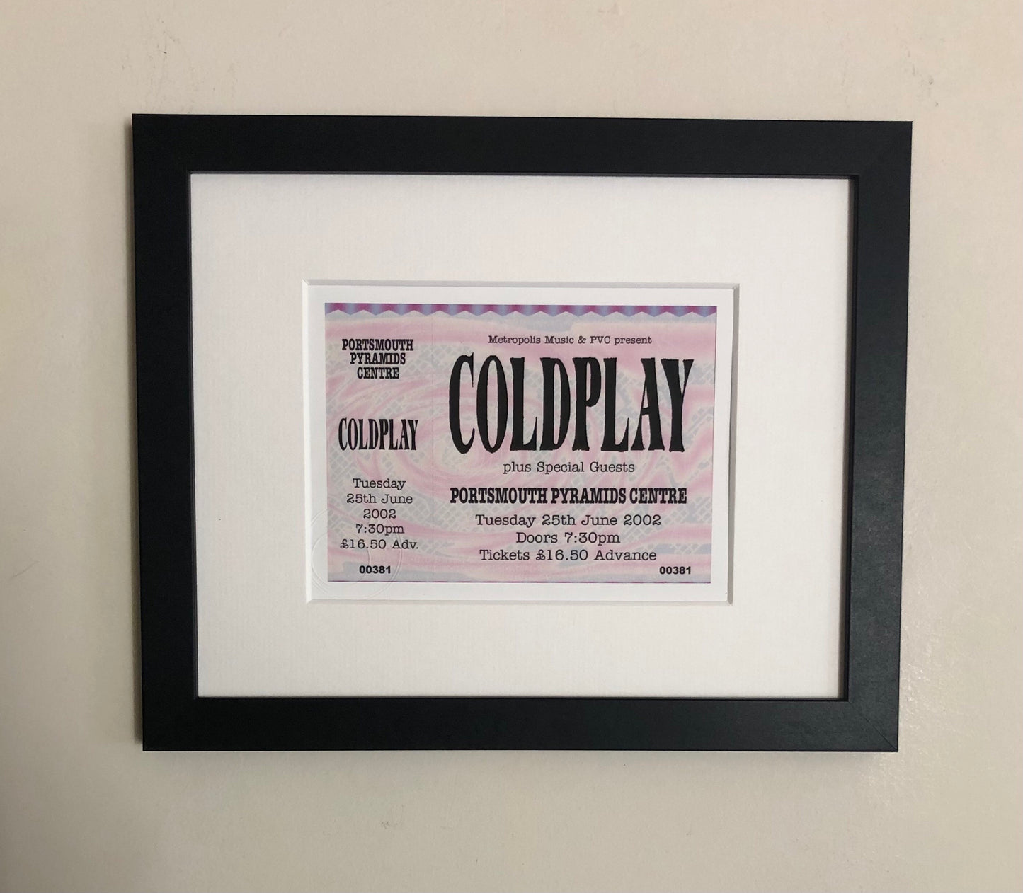 COLDPLAY- 2002 Portsmouth Pyramids Centre framed ticket giclee print