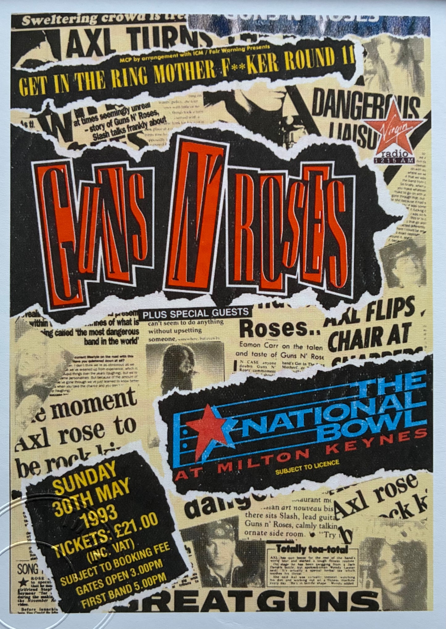 GUNS N ROSES- 1993 The National Bowl, Milton Keynes framed ticket giclee print
