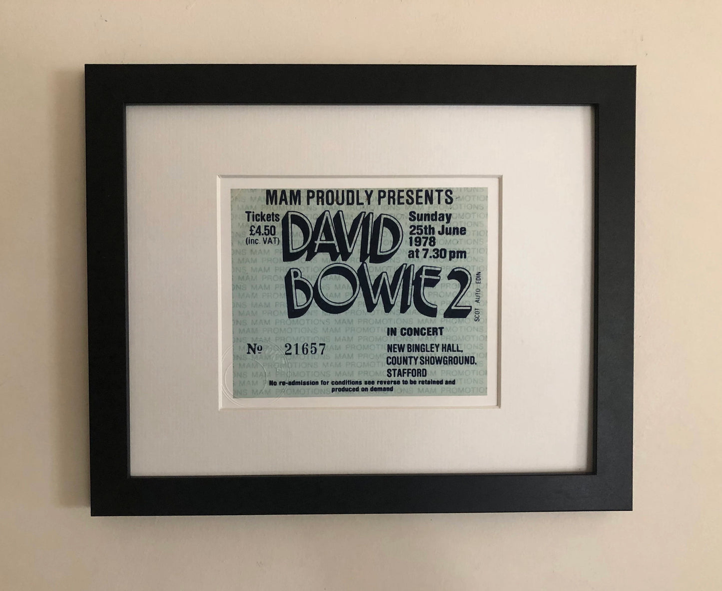 DAVID BOWIE - 1978 New Bingley Hall, Stafford framed ticket giclee print