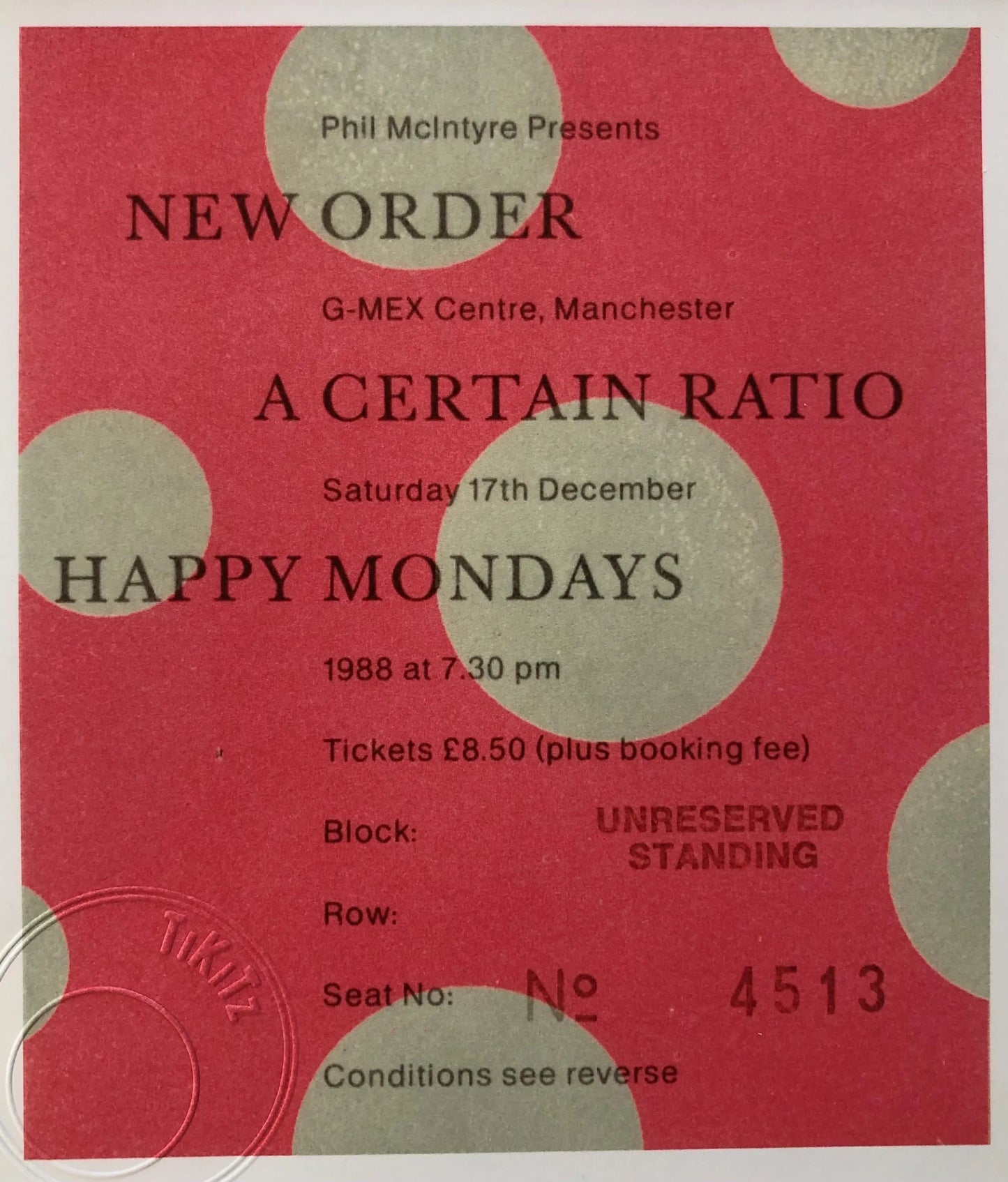 NEW ORDER / HAPPY MONDAYS - 1988 G Mex Centre, Manchester framed ticket giclee print