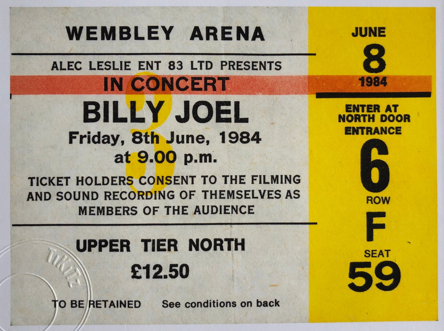 BILLY JOEL - 1984 Wembley Arena , London framed ticket giclee print