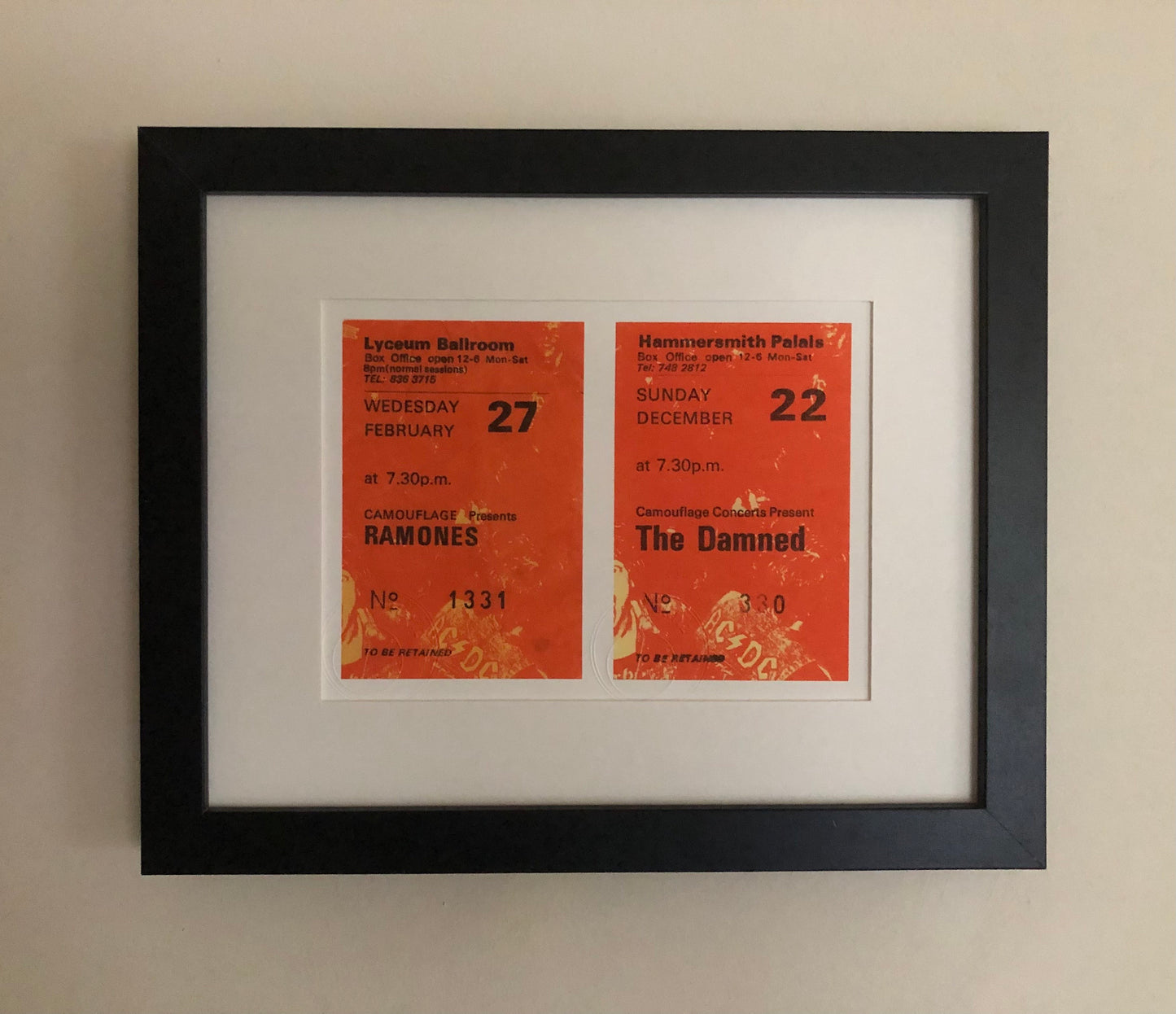 THE RAMONES / THE DAMNED - 1985 London shows framed ticket giclee print