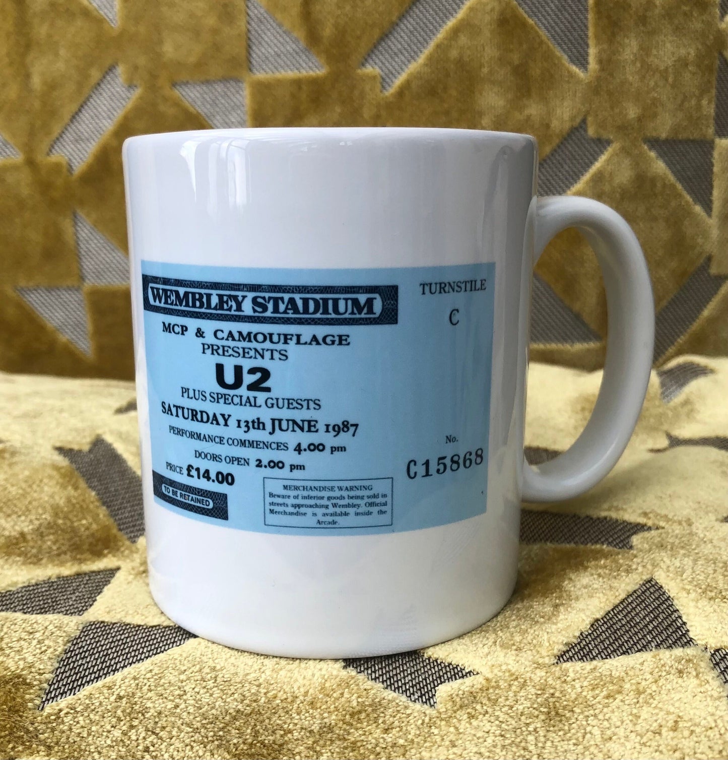 U2 - 11oz ceramic mug featuring the 1987 “ Joshua Tree tour” Wembley Stadium , London ticket on both sides