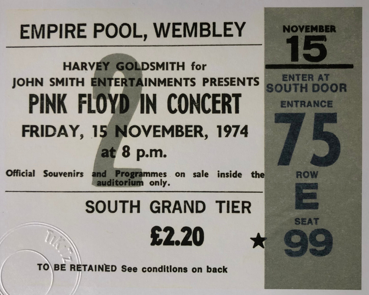 PINK FLOYD - 1974 Empire Pool , Wembley London framed ticket giclee print