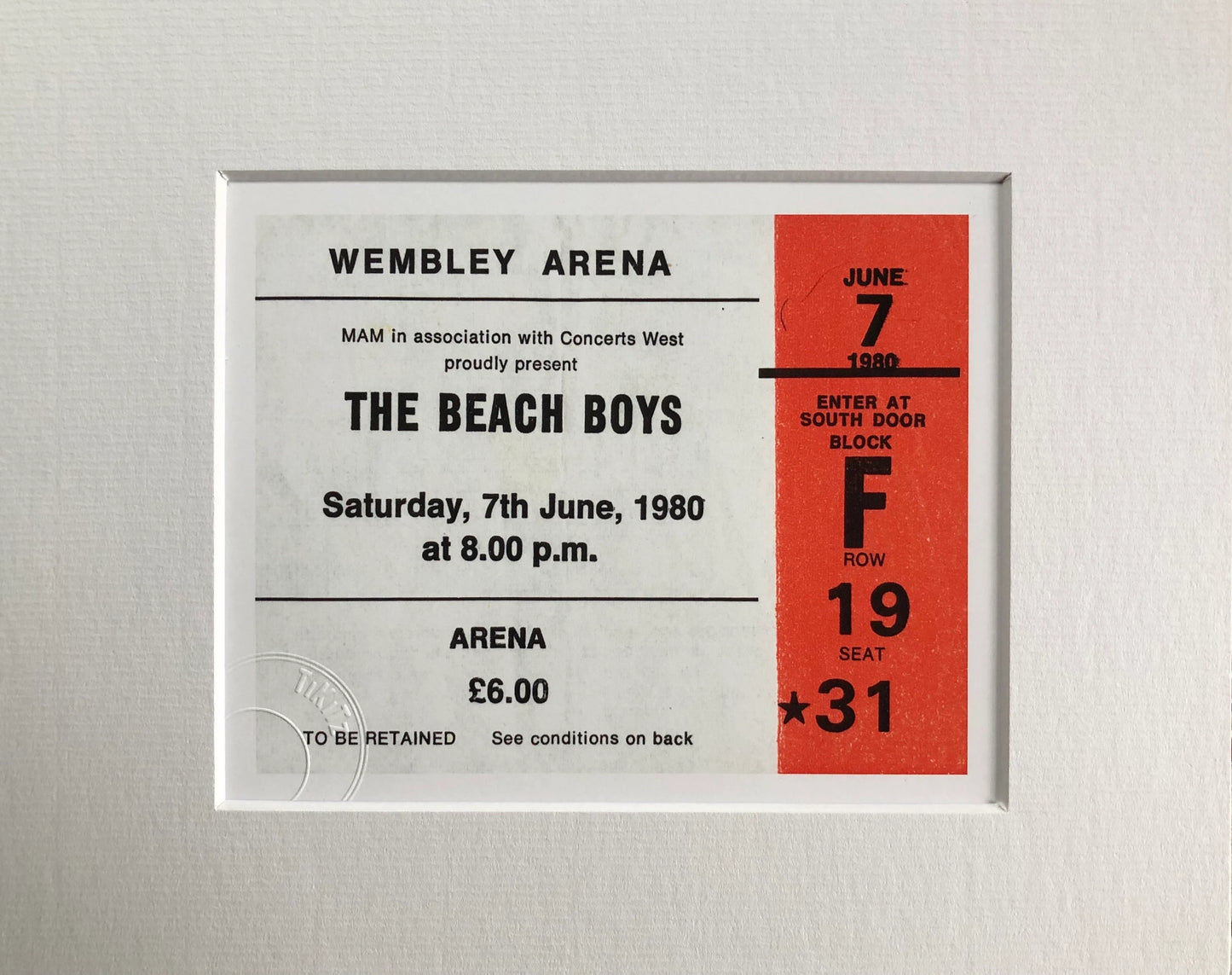 THE BEACH BOYS- 1980 Wembley Arena , London framed ticket giclee print