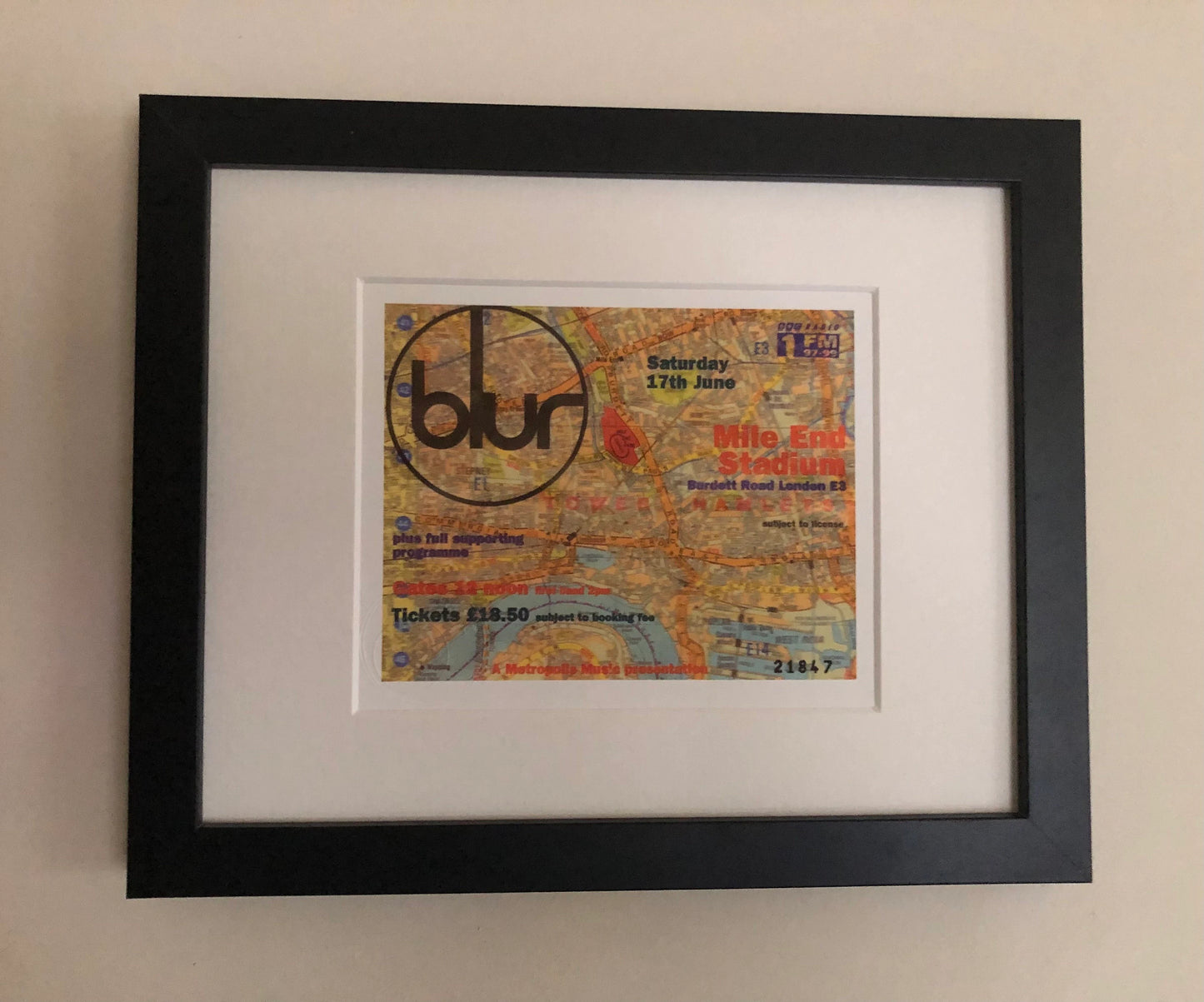 BLUR- 1995 Mile End Stadium, London framed ticket giclee print