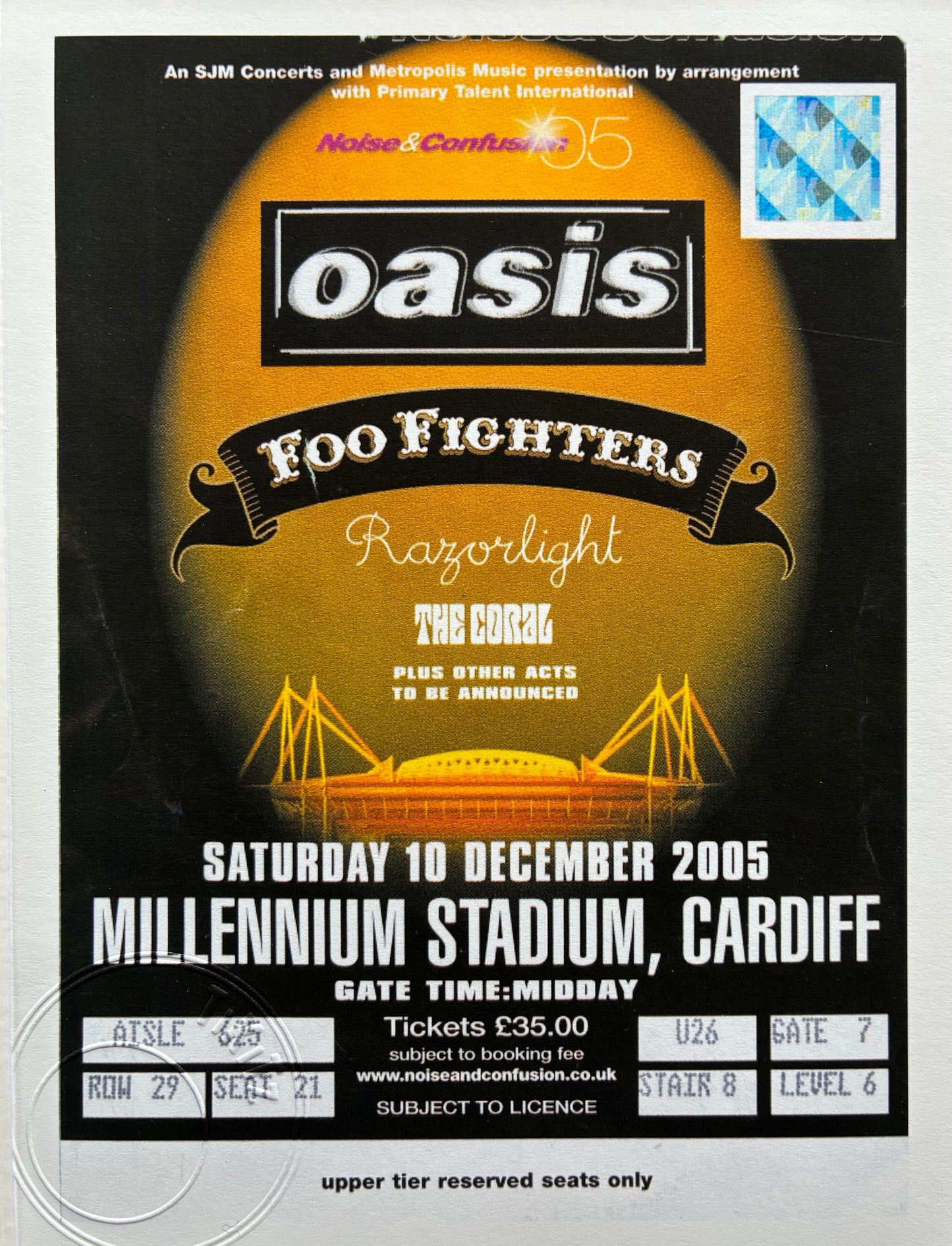 OASIS ( +Foo Fighters ) - 10/12/2005 Millennium Stadium, Cardiff framed ticket giclee print