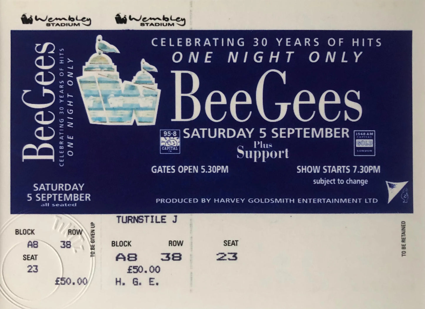 BEE GEES - 1998 Wembley Stadium , London framed ticket giclee print