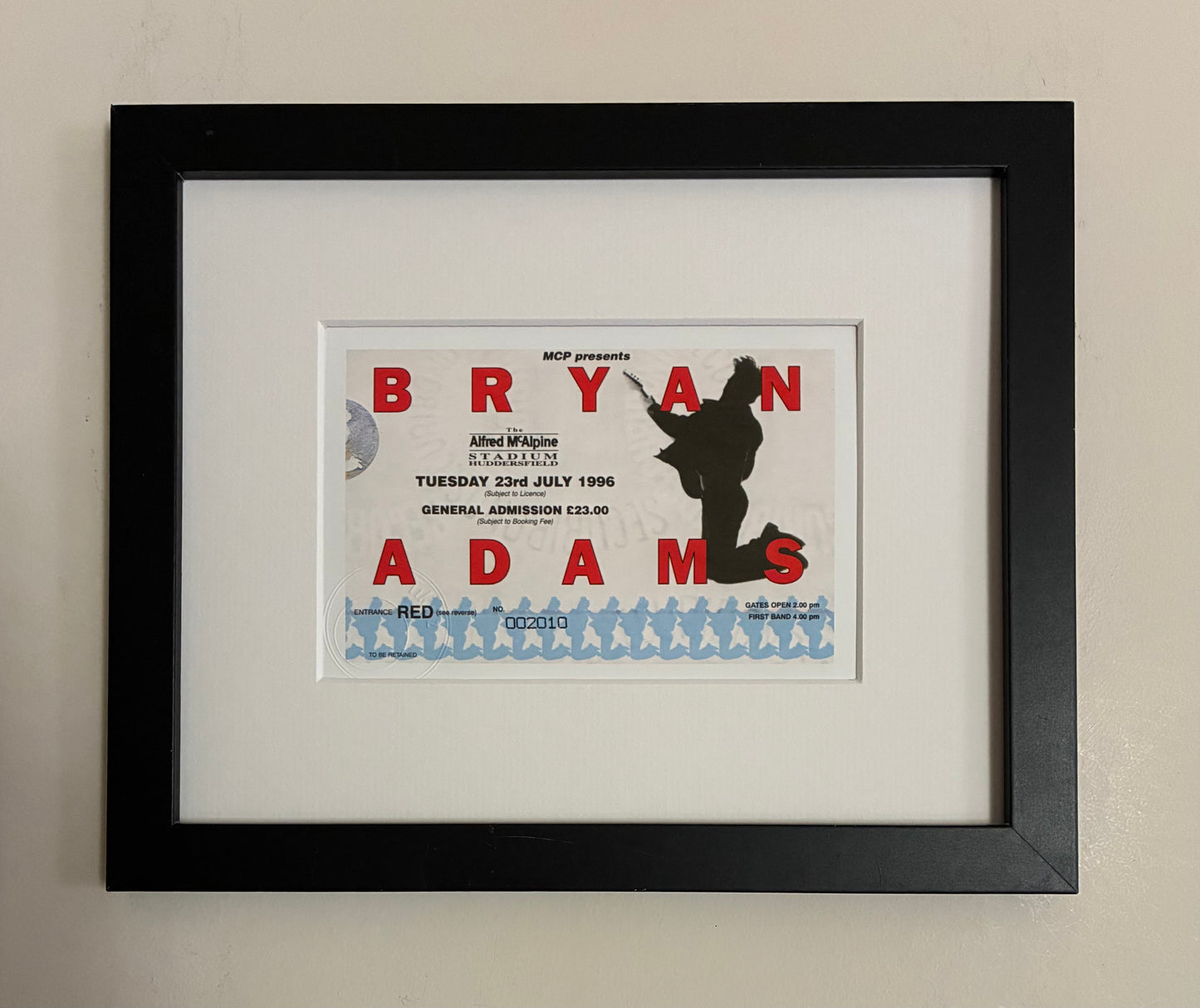 BRYAN ADAMS - 1996 The National Bowl, Milton Keynes framed ticket giclee print