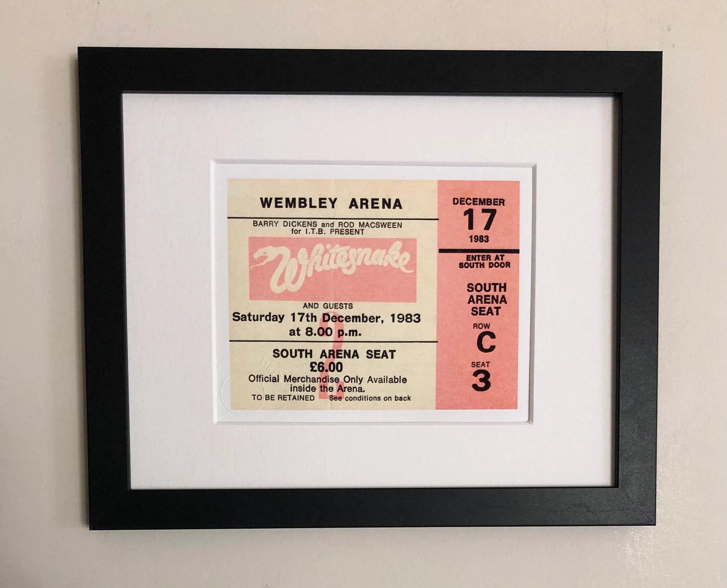 WHITESNAKE - 1983 Wembley Arena , London framed ticket giclee print