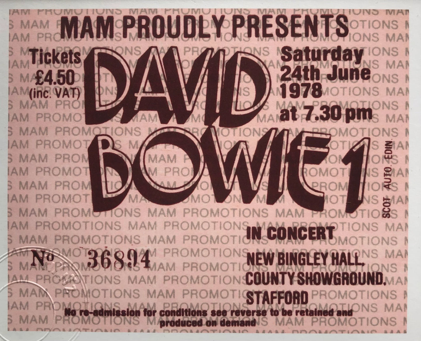 DAVID BOWIE - 1978 New Bingley Hall, Stafford framed ticket giclee print