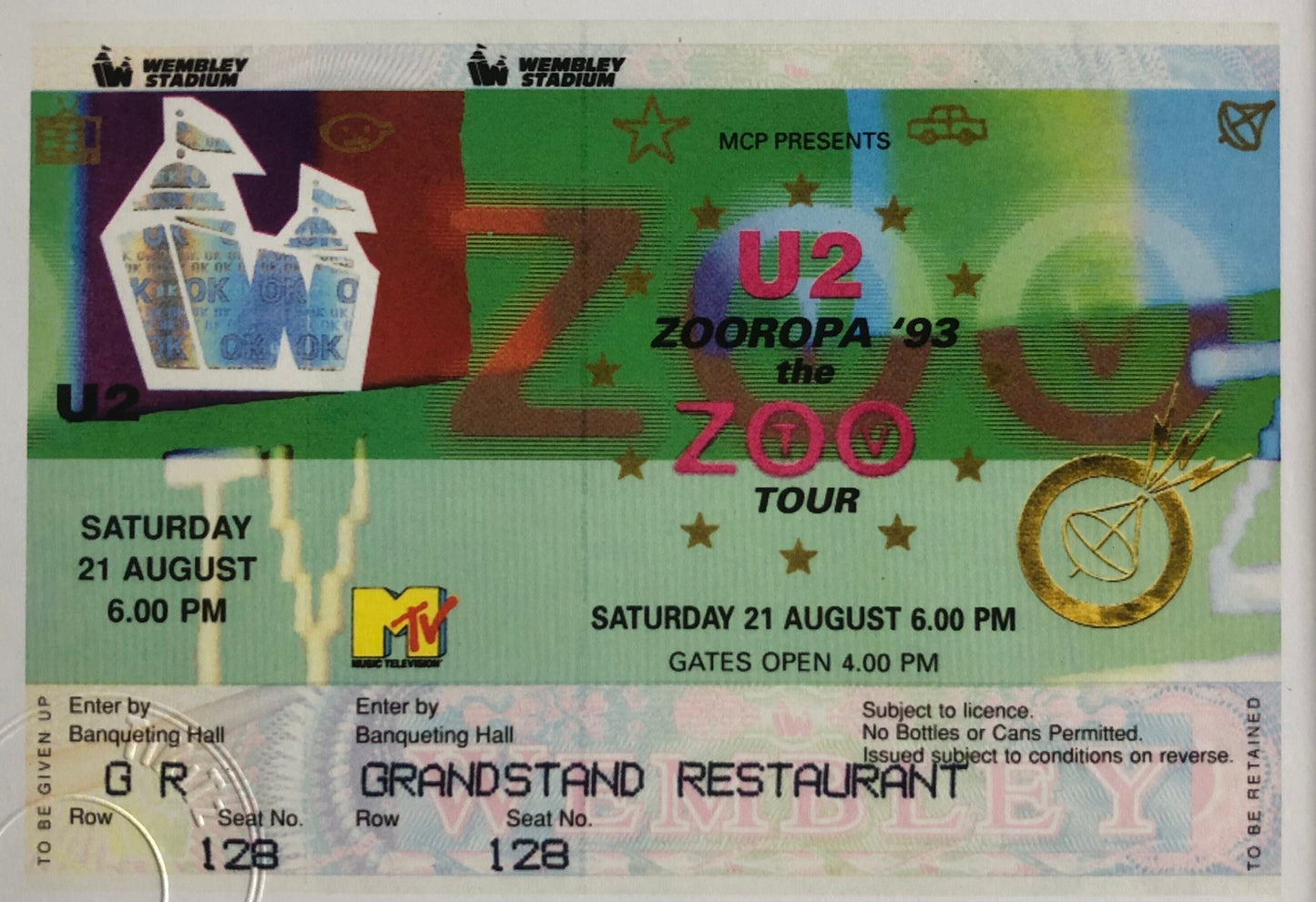 U2- Zooropa ‘93 Wembley Stadium ,London framed ticket giclee print