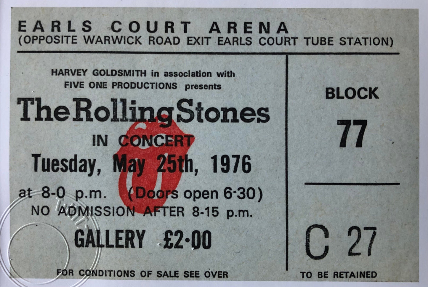 ROLLING STONES - 1976 Earls Court Arena, London framed ticket giclee print
