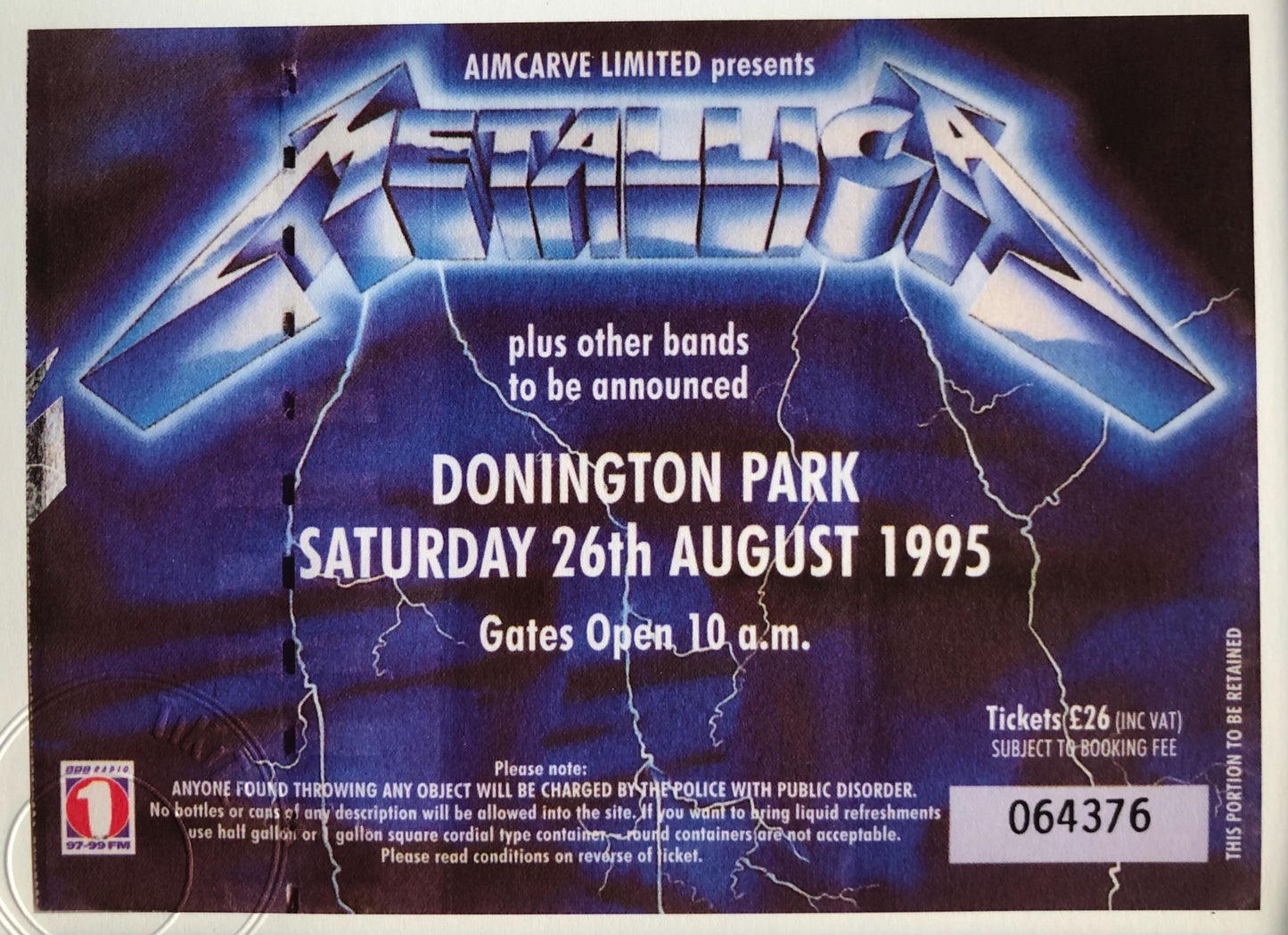 METALLICA - 26/8/1995 Monsters of Rock at Donington Park framed ticket giclee print